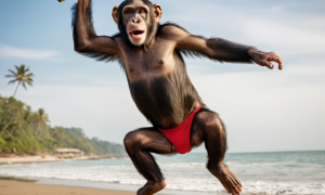 A Chimp with a banana on the beach