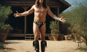 Ozzy Osbourn in a speedo and boots.